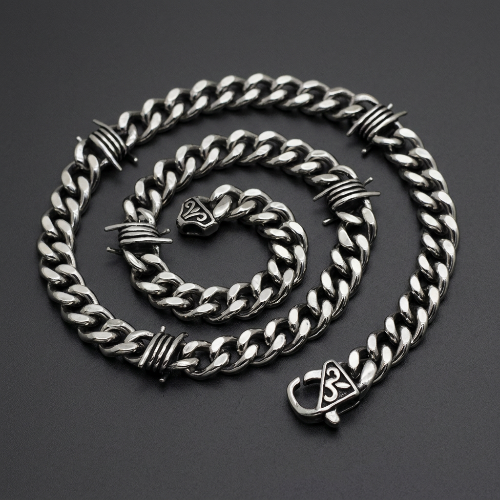 Heavy 316L stainless-steel curb chain necklace with barbed wire sections and a sturdy clasp