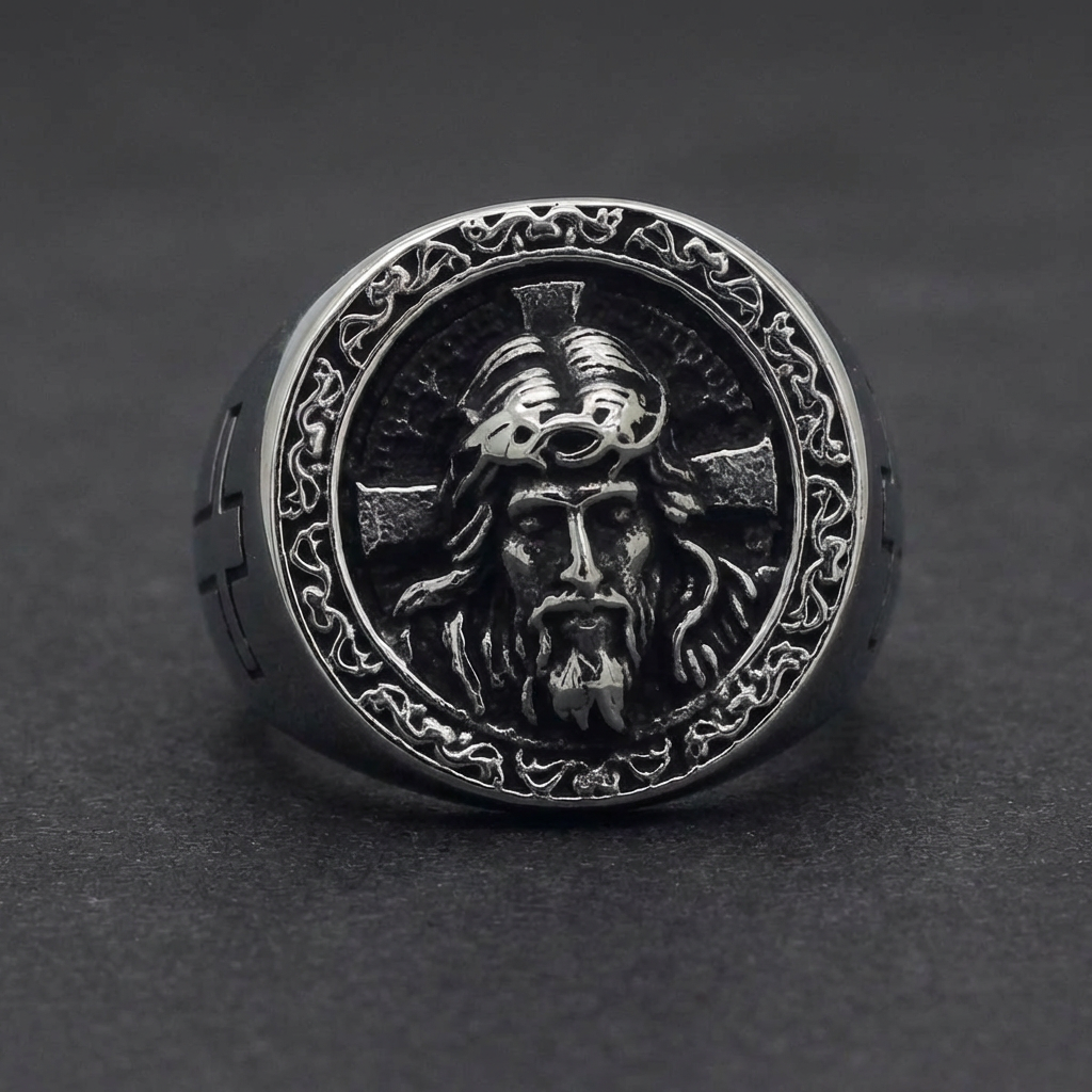 Divine Sentinel Band, crowned figure design in 316L stainless steel men's ring