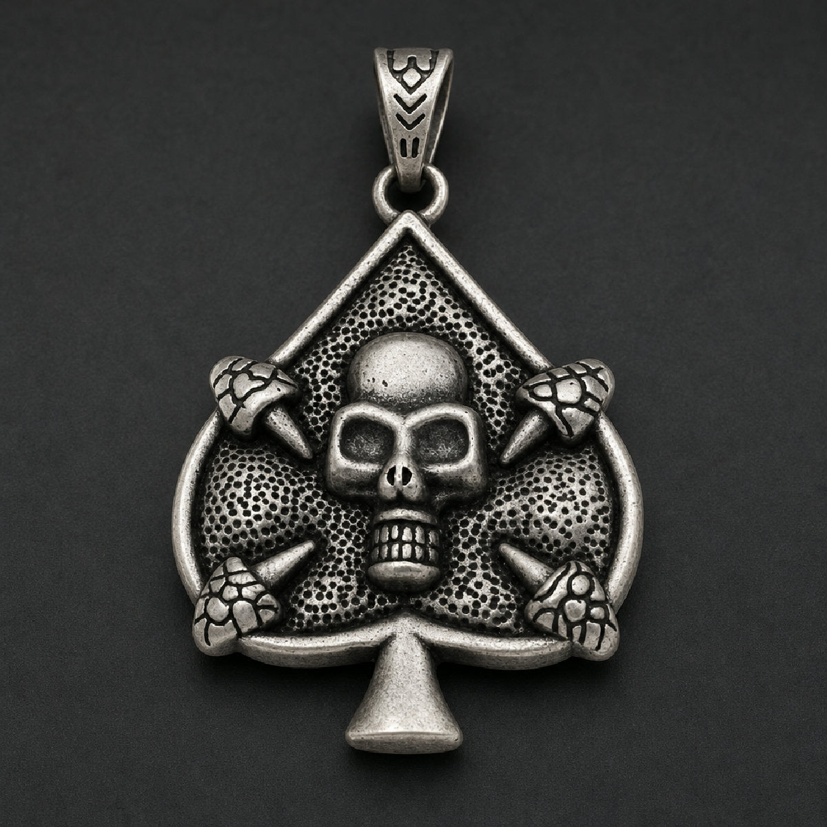 Ace of Spades skull pendant in 316L stainless steel with stippled background and mushroom accents
