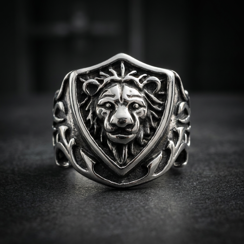 Polished silver 316L surgical stainless steel ring with a detailed lion motif on a shield design, featuring a Gothic vibe.