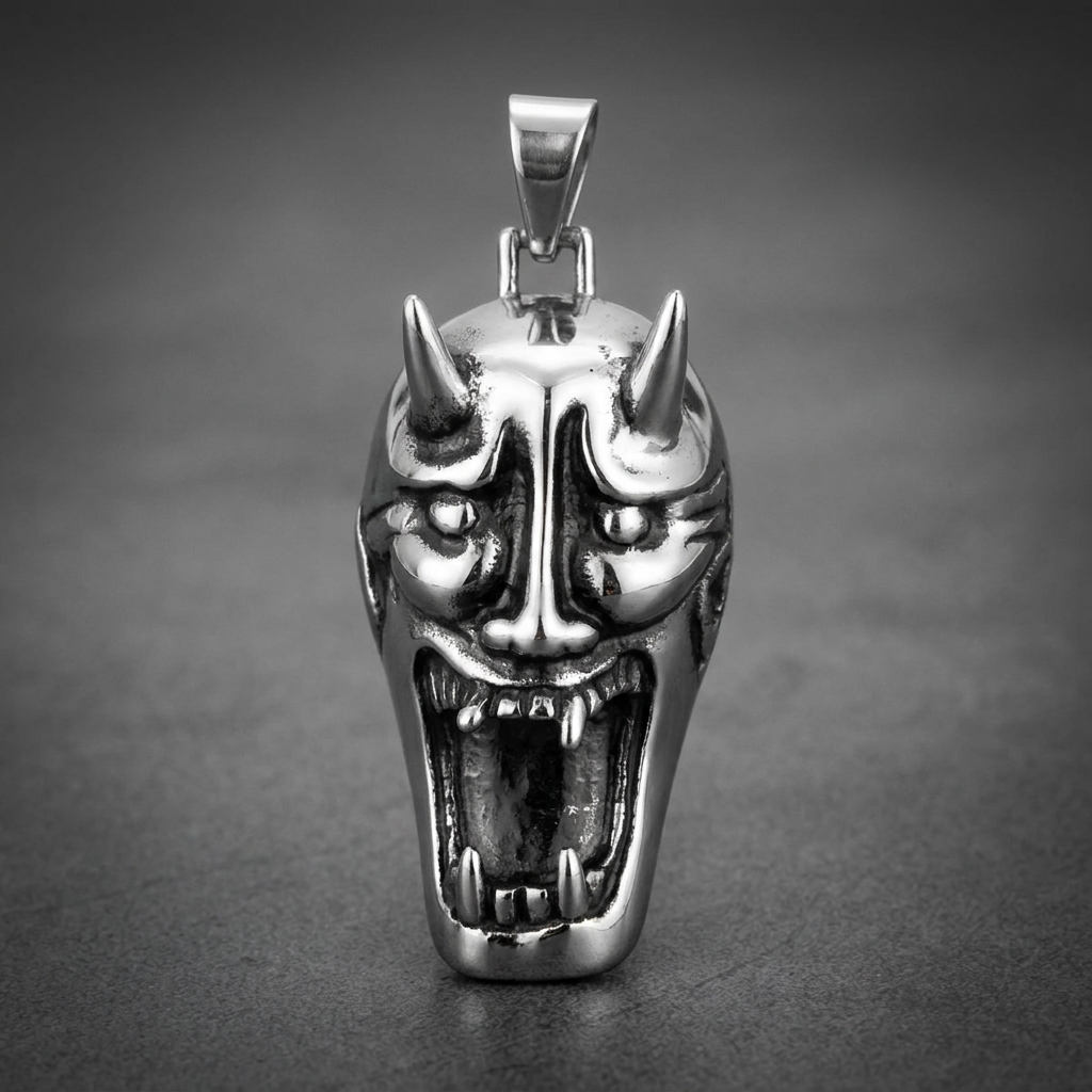 marbled devil mask pendant 316l stainless steel horned face