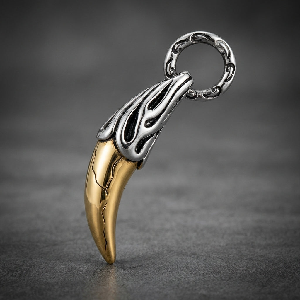 Mariner Fang Pendant, 316L stainless steel, dual-tone gold and silver, detailed flame etching, heavy-duty build