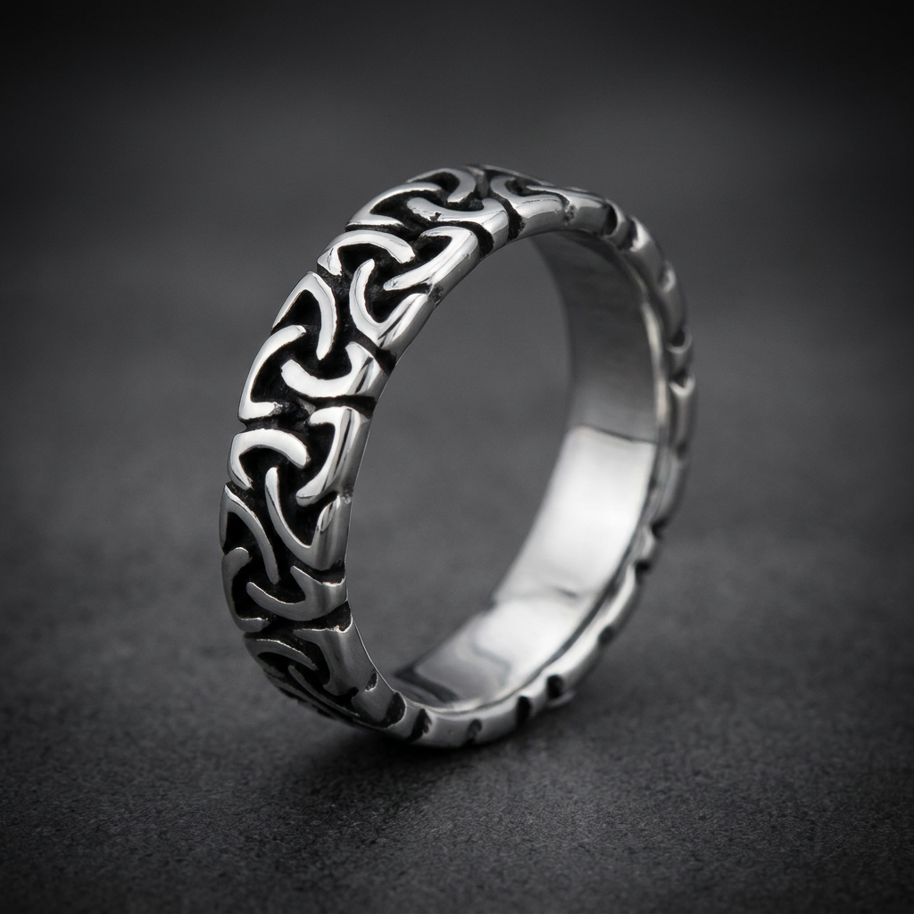 Mariner Knot Ring made from 316L surgical stainless steel with a dark, etched, interlocking knot design and polished silver finish.