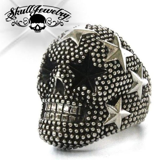 'The Rock Star' Stainless Steel Skull Ring showcasing intricate skull design with star accents.