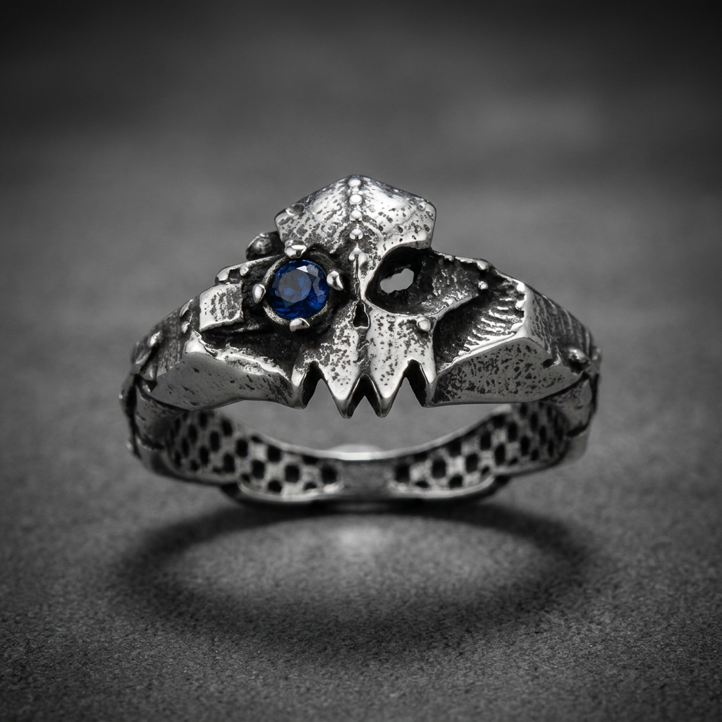 A rugged 316L stainless steel ring featuring a beast-like creature's jaw with sharp teeth and a single blue gemstone eye. The band has a scaly, textured finish, and the entire ring has an antiqued, dark silver appearance.
