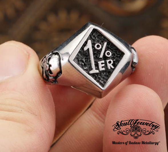 badass 1% er skull ring on two sides outlaw biker ring