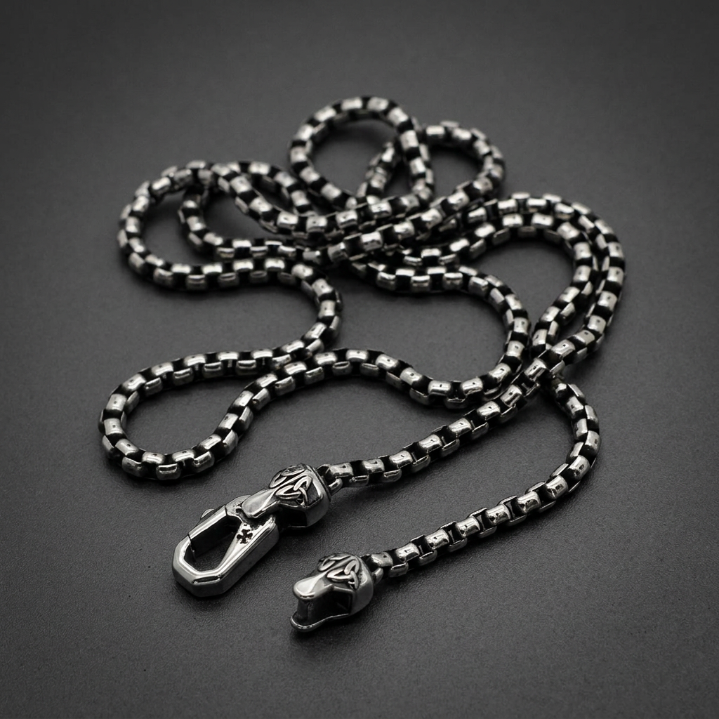 Shadow Viper 24 inch chain, 316L stainless steel necklace with detailed viper head ends and a heavy box chain, dark finish