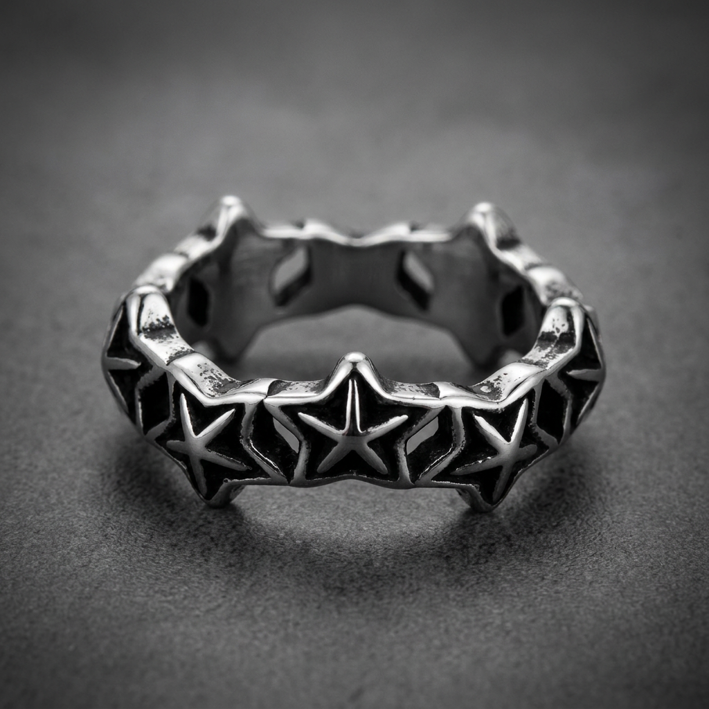 Polished Star Band ring in 316L stainless steel, featuring continuous raised five-pointed stars with dark etched details, against a light background.