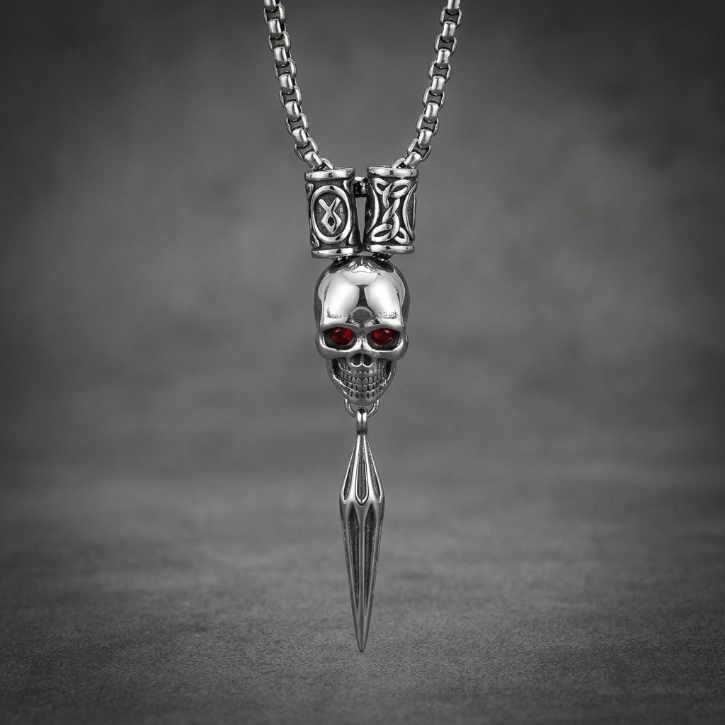 Prime Skull 32 inch Slider Necklace made of 316L stainless steel with a polished silver skull, red eyes, and a pointed spike pendant, on a box chain.