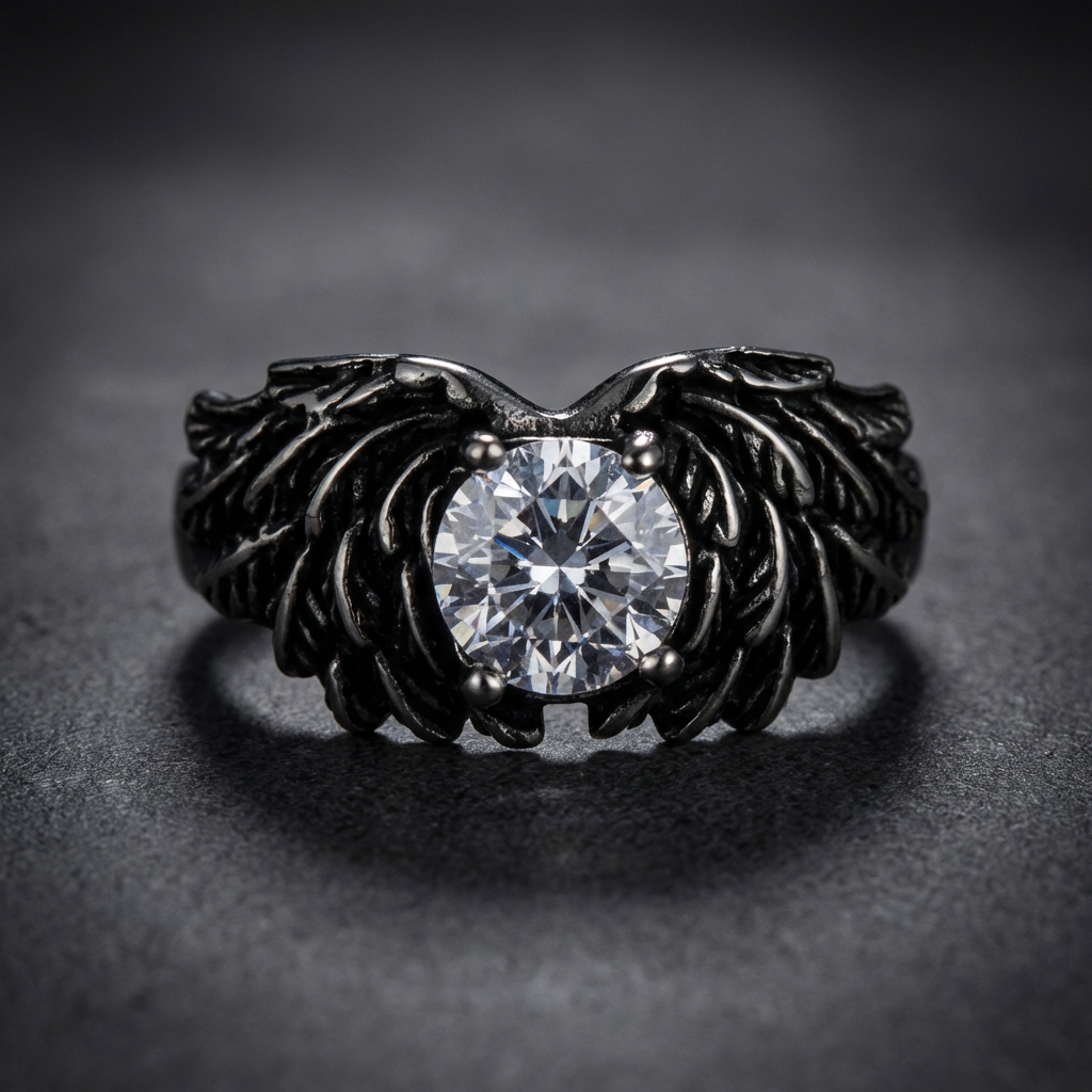 Rebel Wing Gem 316L surgical stainless steel biker ring with gem center, representing freedom and rebellion for untamed spirits.