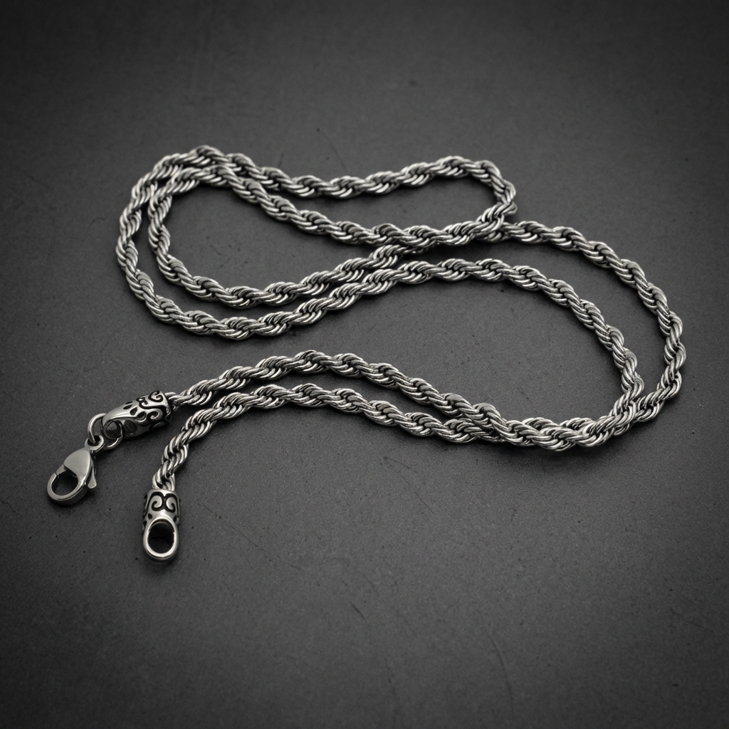 Iron Rope Necklace made from 316L surgical stainless steel, showcasing its twisted chain design and solid, unyielding finish.