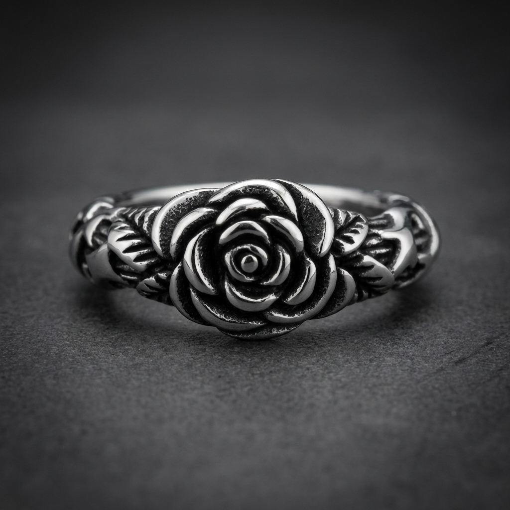 Renegade Bloom 316L stainless steel ring with dark rose design and oxidized gothic accents