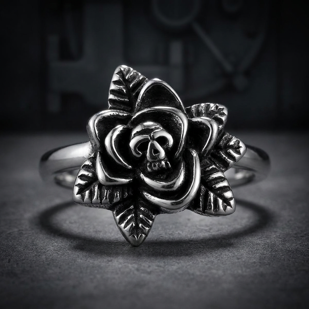 Thorn Rose Skull Ring crafted from 316L stainless steel, featuring a prominent skull emerging from a thorny rose design.