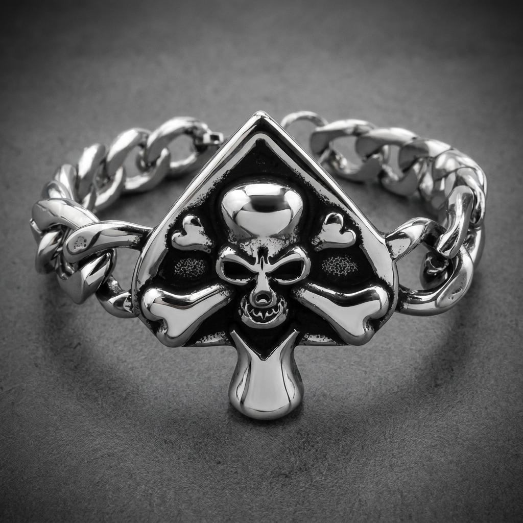 Heavy 316L stainless steel bracelet featuring a prominent spade-shaped centerpiece with an engraved skull and crossbones design, attached to a thick Cuban link chain.