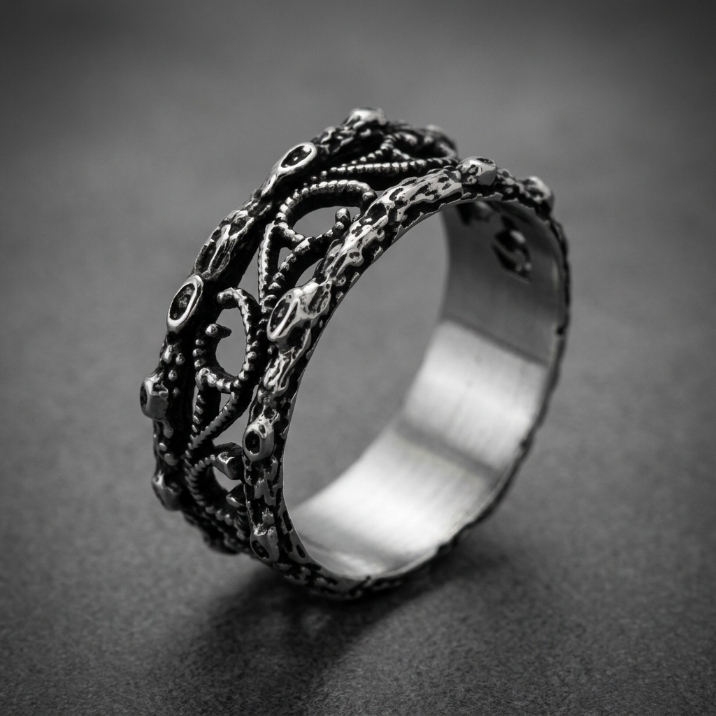 Royal Vine HardKnocker 316L stainless steel unisex ring with intricate intertwined organic vine design, oxidized silver finish.