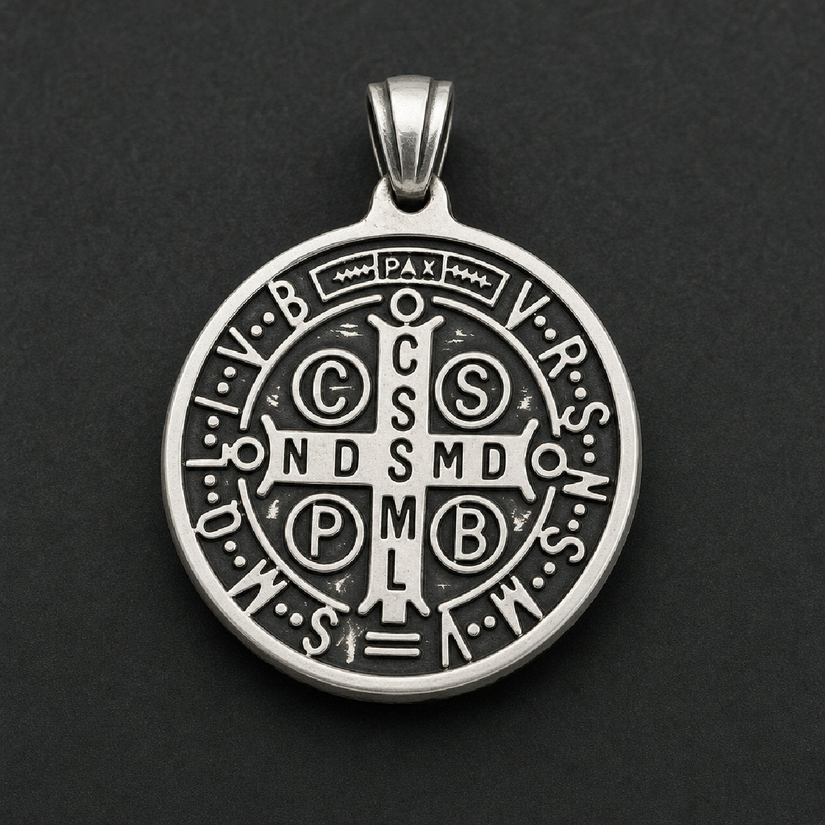 316L stainless steel Saint Benedict medallion pendant with raised Latin letters and black antiqued recessed cross