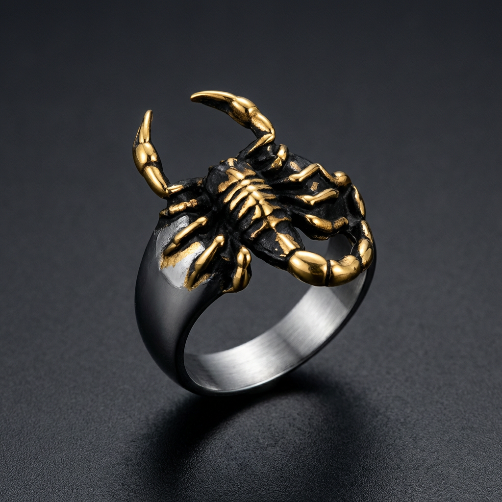 Scorpion Gold Accent Ring made from 316L stainless steel, featuring a gold-colored scorpion design wrapping around the finger.
