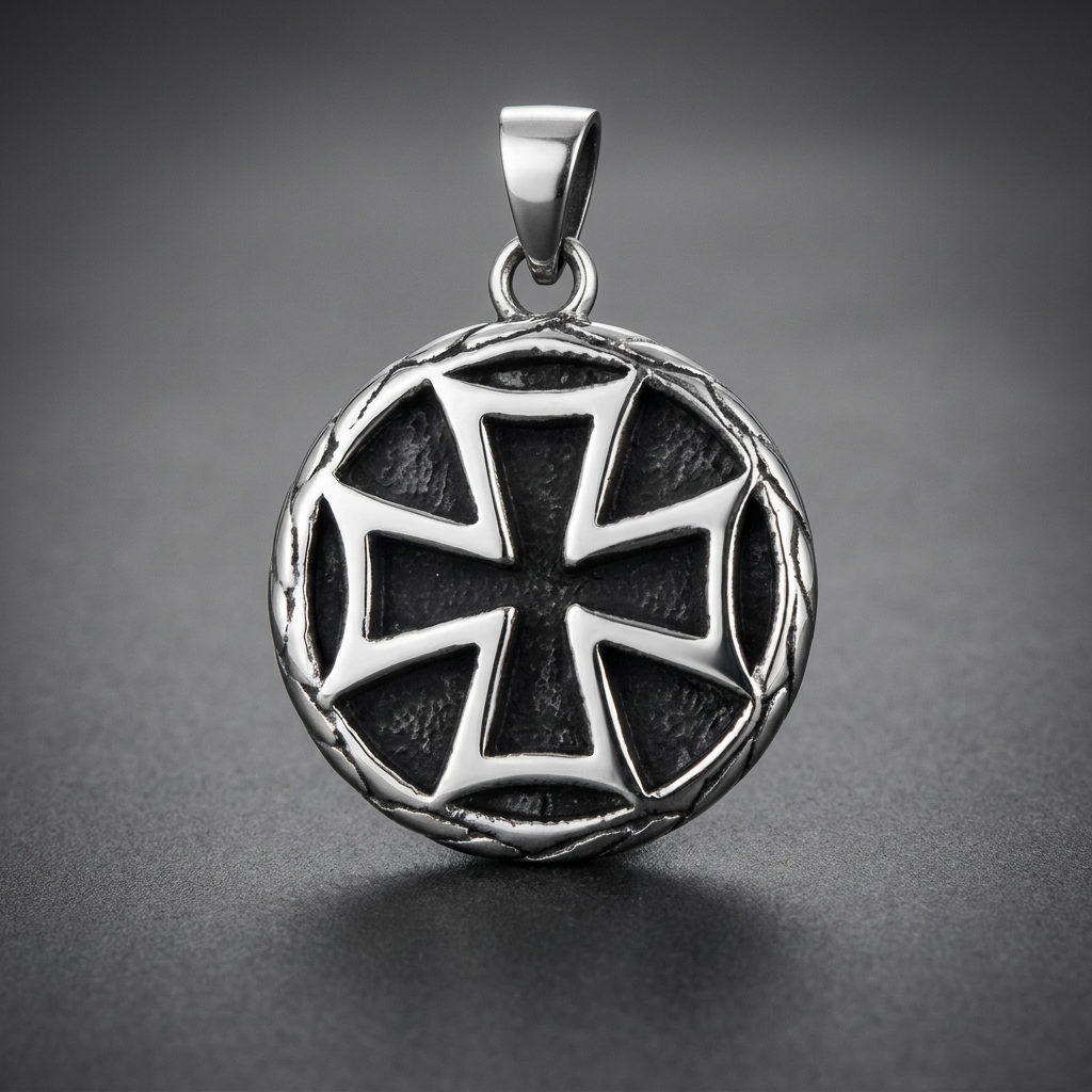 Circular 316L stainless steel pendant with a prominent embedded cross design and textured border, silver finish.