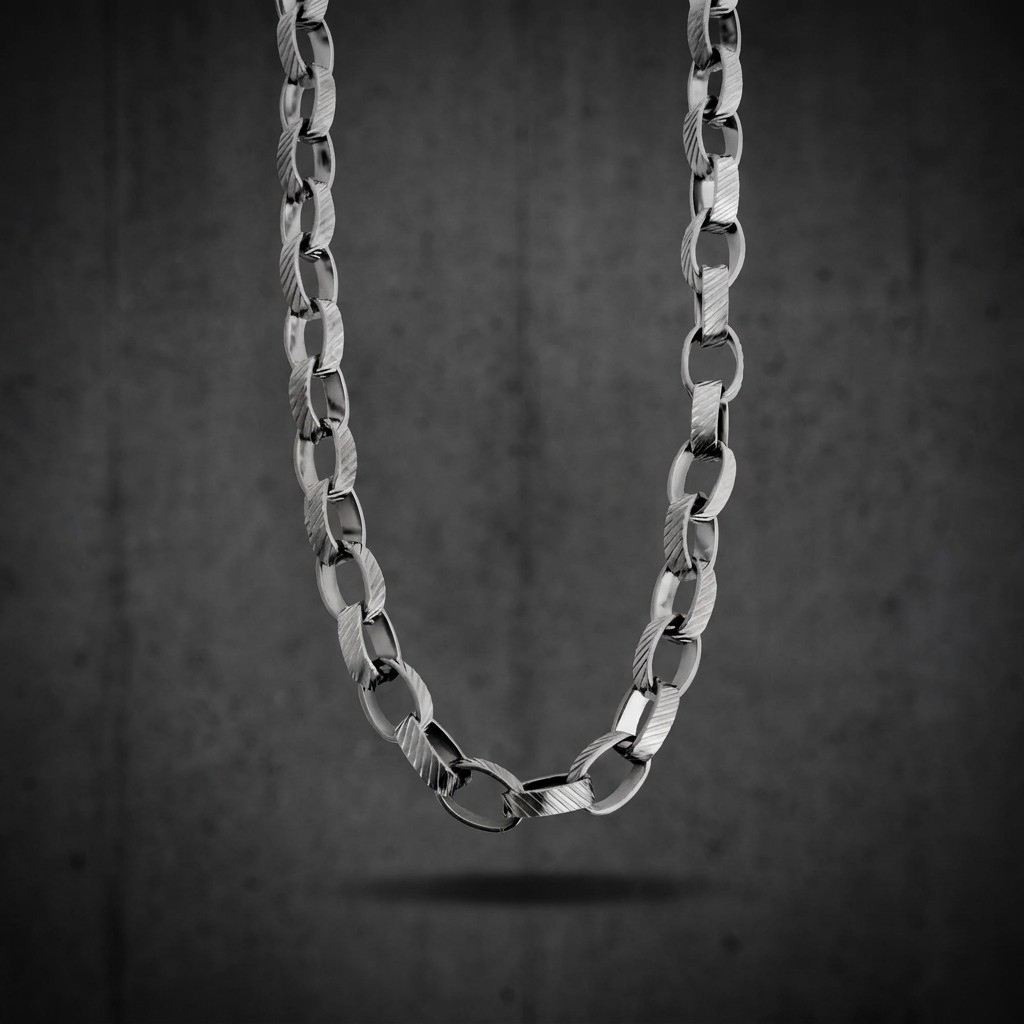 Femme Fatale Necklace in polished 316L stainless steel, designed for a powerful and alluring look, featuring a substantial chain design.