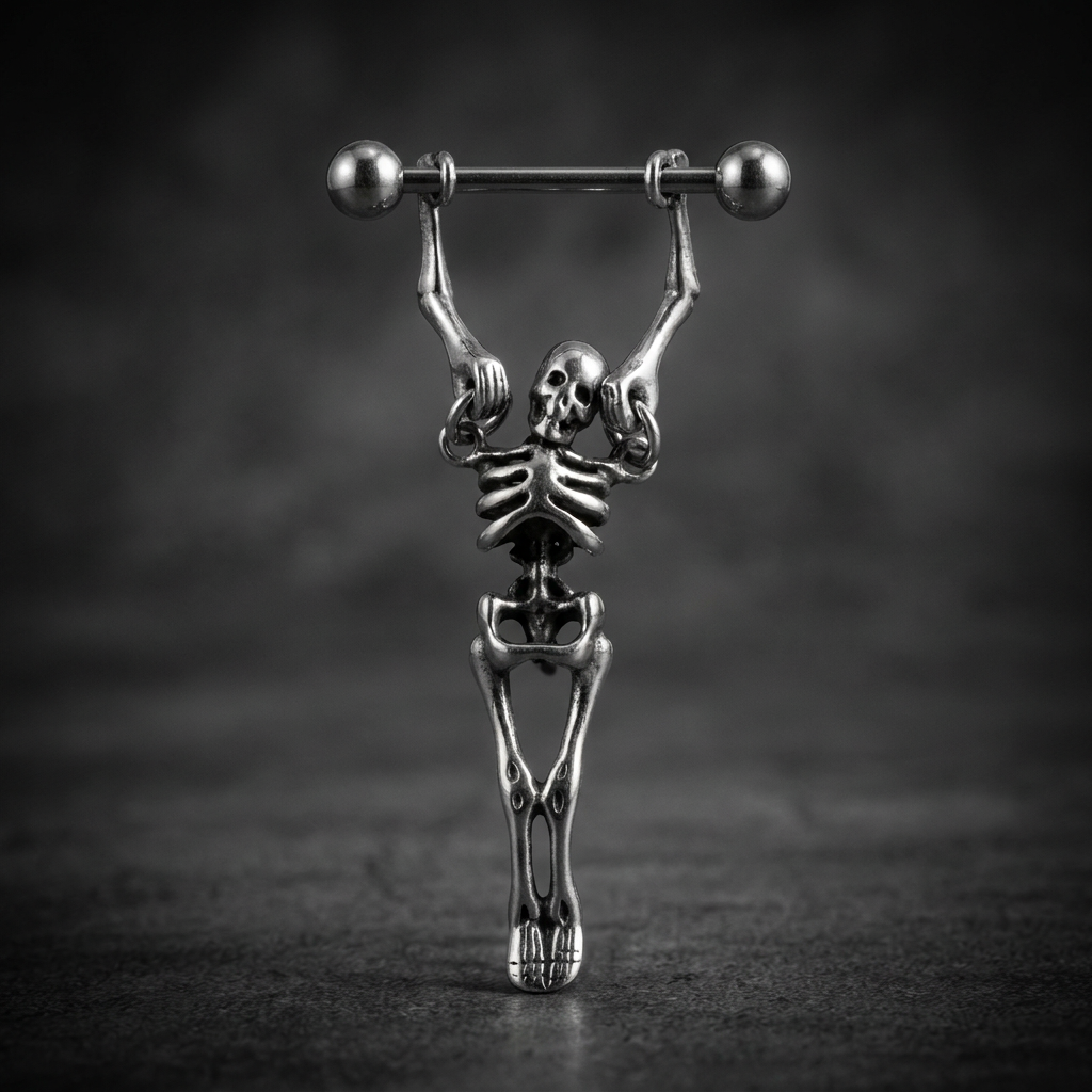 Iron Skeleton Barbell piercing made from 316L surgical stainless steel, featuring skeleton hands gripping the barbell ends.