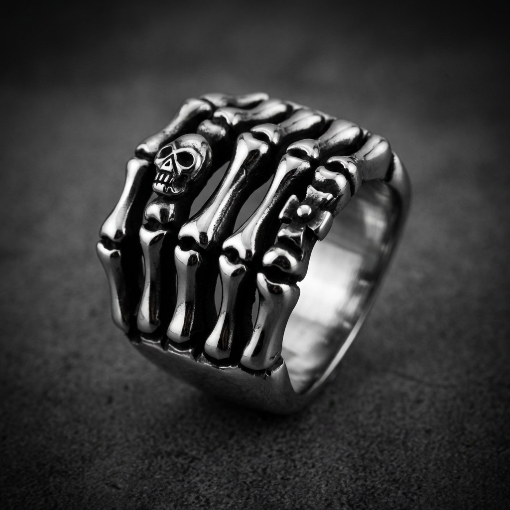 Bone Grasp skull ring made of 316L stainless steel, featuring two skeletal hands clenching a prominent central skull.