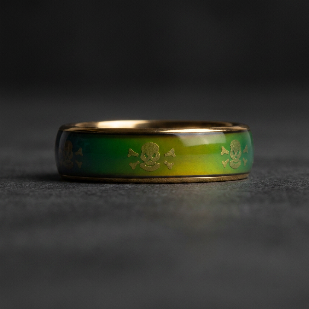 Polished Skull Band, 316L stainless steel unisex ring with gold accent and temperature-reactive skull motif, showing green and blue hues.