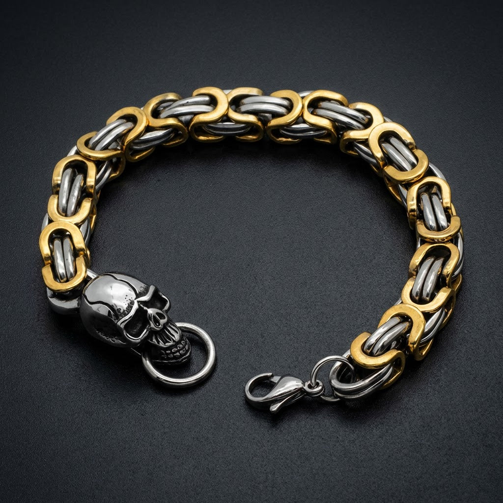 A heavy Two Tone Skull Biker Bracelet crafted from polished and dark 316L stainless steel, featuring a prominent skull motif integrated into the clasp.