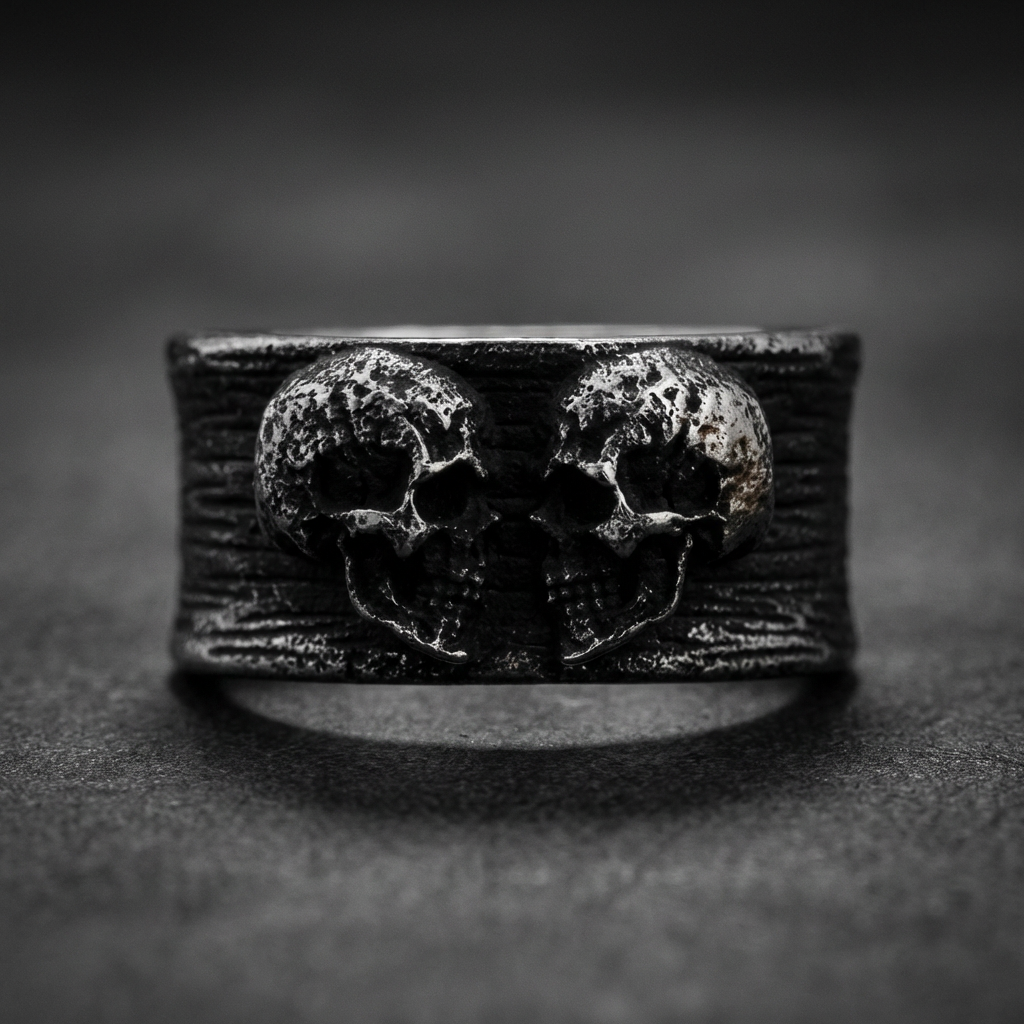 Twin Vengeance skull ring, 316L stainless steel, two aggressive skulls facing each other on a textured band, dark oxidized finish.