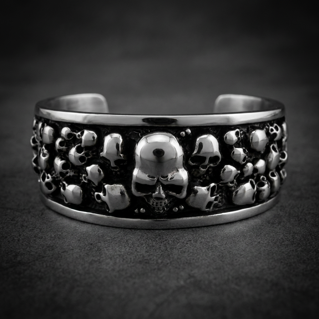 Bad Company Multi-Skull Bangle Bracelet made of 316L stainless steel featuring multiple sculpted skull designs with an oxidized finish.