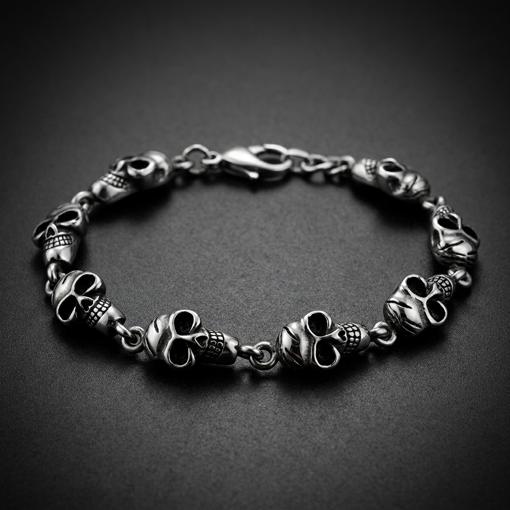 Close-up of a "Road Skull Bracelet" showing detailed 316L surgical stainless steel skulls with an antique finish, representing biker and road culture.