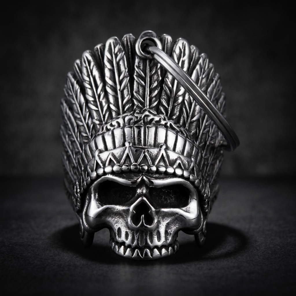 Bone Headdress Keychain made of 316L stainless steel, featuring an intricately carved bone skull with a feathered headdress design.