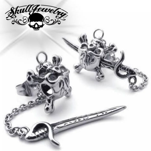 skull with sword earring stud