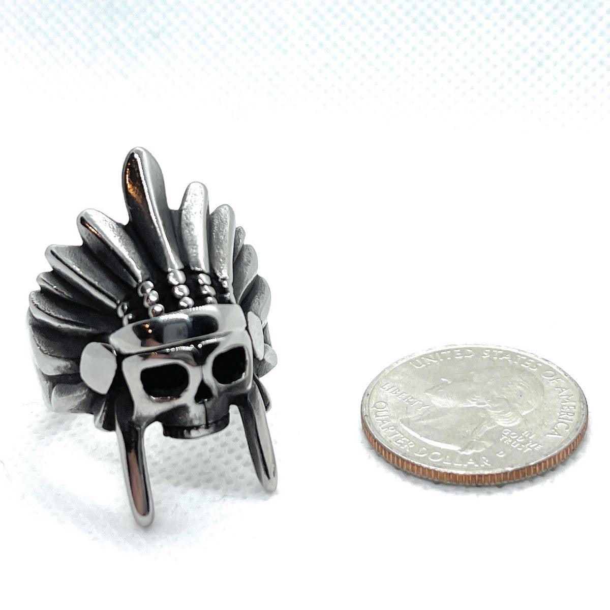 solid back indian warrior skull ring - size comparison