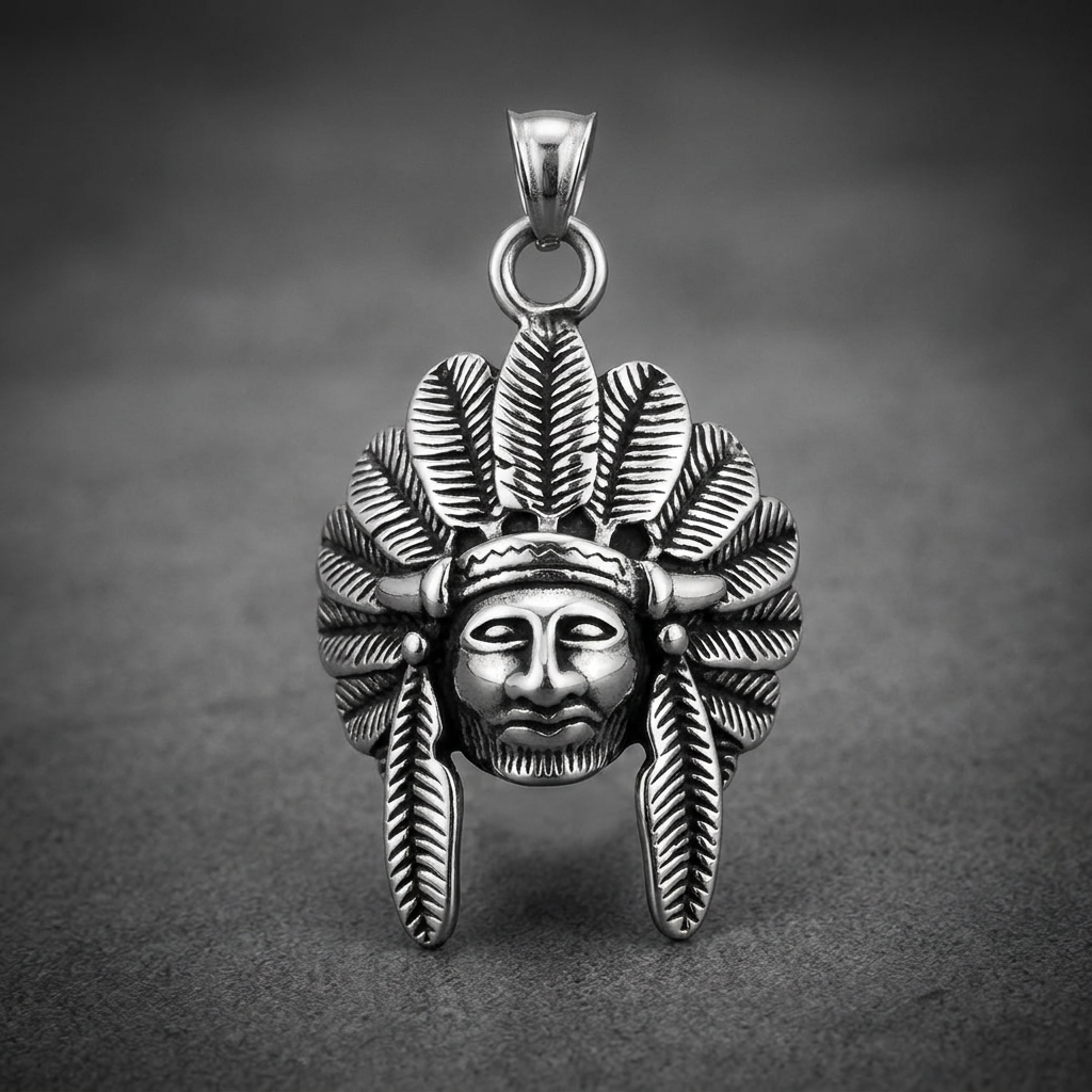 Stoic Chief 316L stainless steel pendant featuring a detailed head adorned with a full feathered headdress in silver finish.