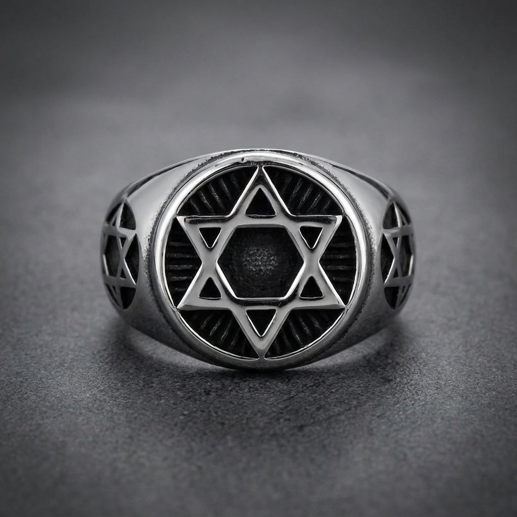 Stoic Hexagram Ring, 316L stainless steel with a prominent hexagram symbol in the center, flanked by smaller hexagrams on the band. Silver-colored, dark recesses.