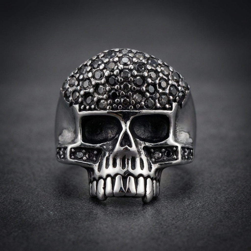 Black-paved skull ring made from 316L stainless steel, featuring dark stones covering the skull's cranium and eyes.