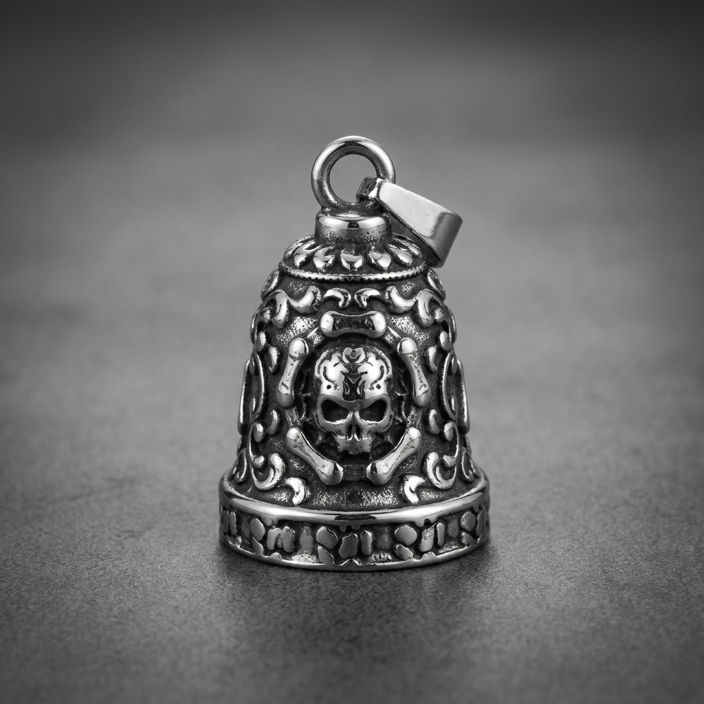 Heavy 316L stainless steel biker bell featuring multiple detailed skulls and crossbones with an antiqued finish.