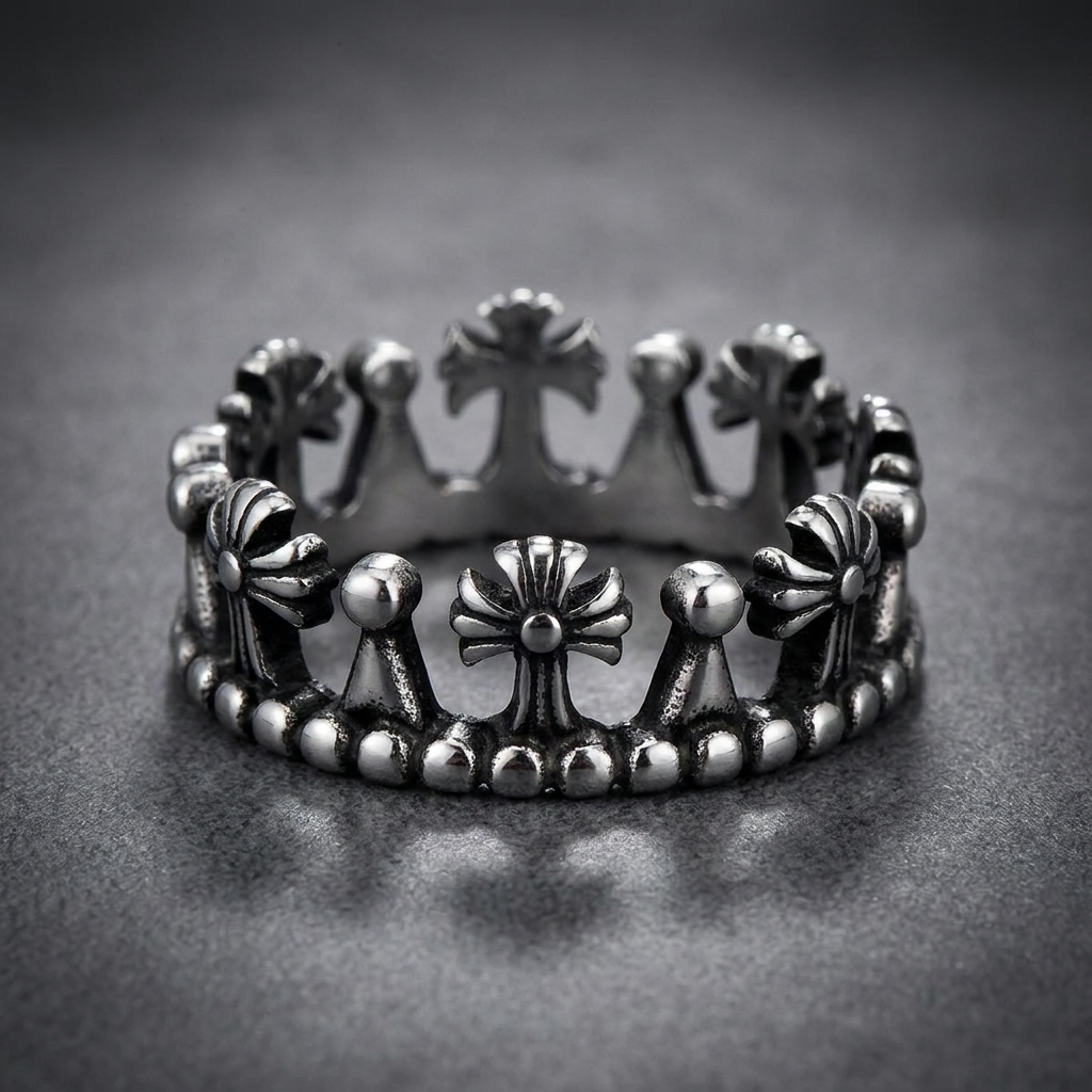 Tempered Crown Ring 316L stainless steel ring with intricate crown design and dark accents