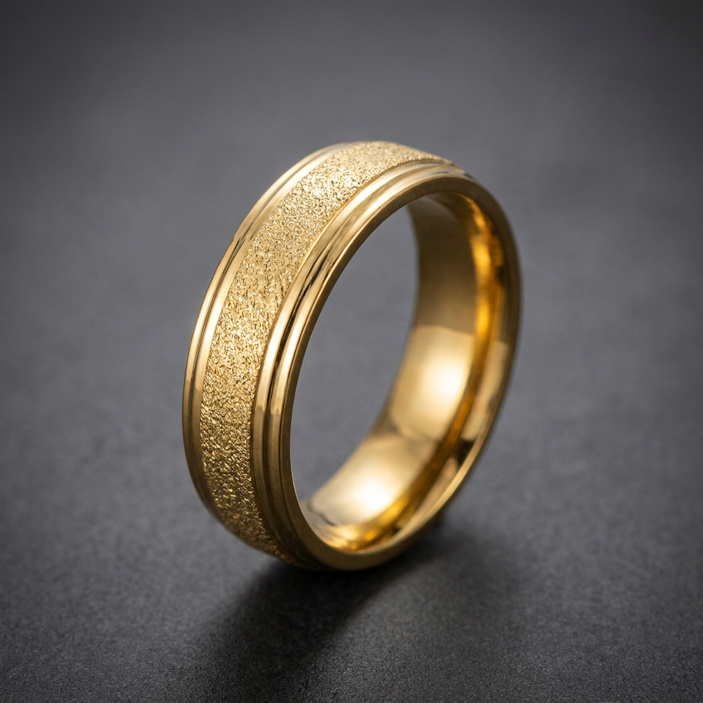 A wide, gold-tone 316L stainless steel ring with a textured, granulated center band flanked by polished grooves. The ring is solid and substantial, reflecting light off its golden surface.