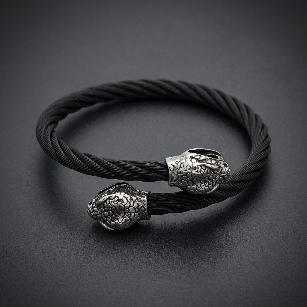 Coiled black stainless steel cable bracelet with two silver or white steel serpent heads facing each other, detailed scales, minimalist background.