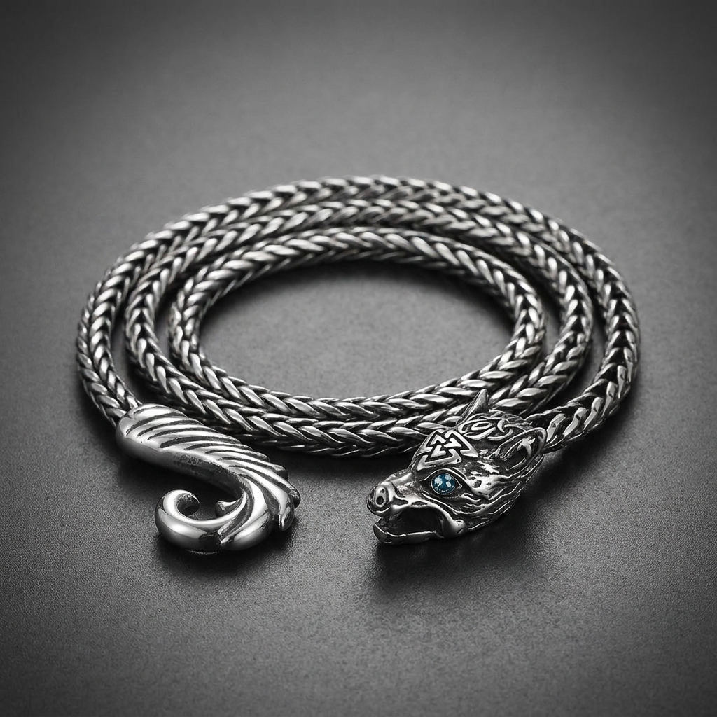 Tempered Wolf Chain 24 inch necklace in 316L stainless steel with a wolf head and blue gem eyes, braided chain, and ornate clasp.