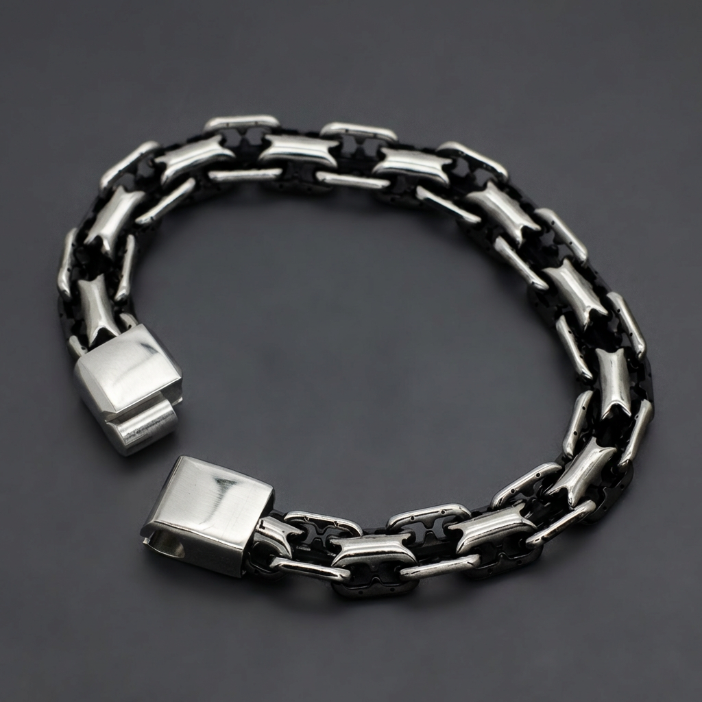 Front view of the Titan Chain Stainless Steel Bracelet, showcasing its solid 316L steel construction and polished finish.