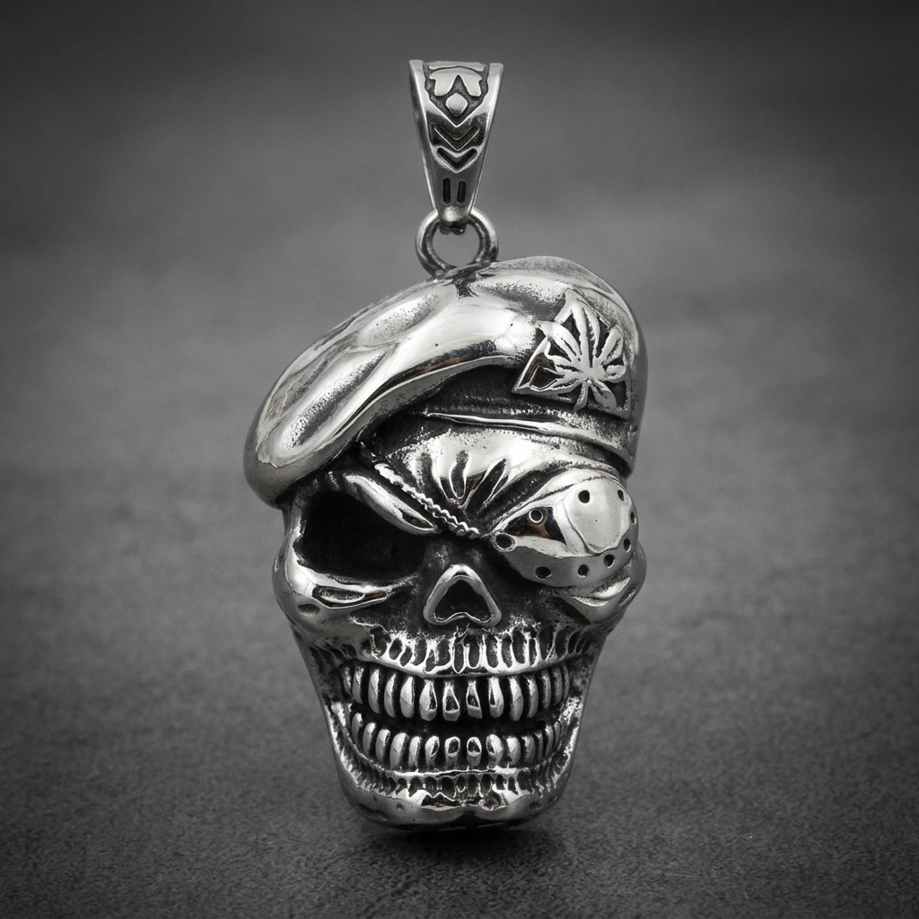 Heavy 316L stainless steel pendant featuring a commander skull wearing a beret and eye patch, detailed and dark.