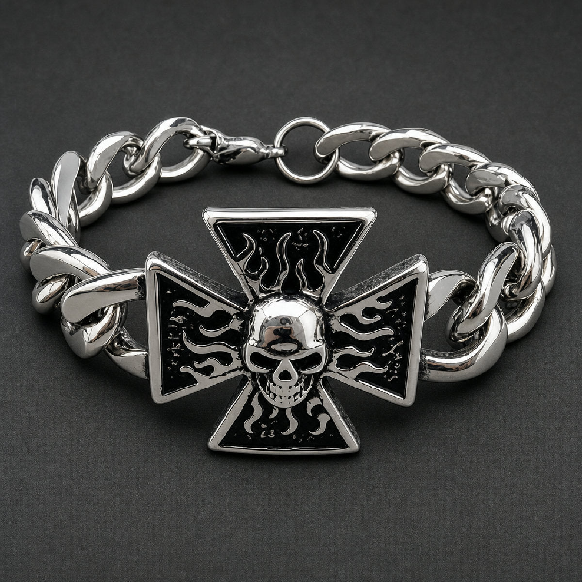 316L stainless steel Vanguard Skull Bracelet featuring a flared flame cross centerpiece and heavy curb chain links