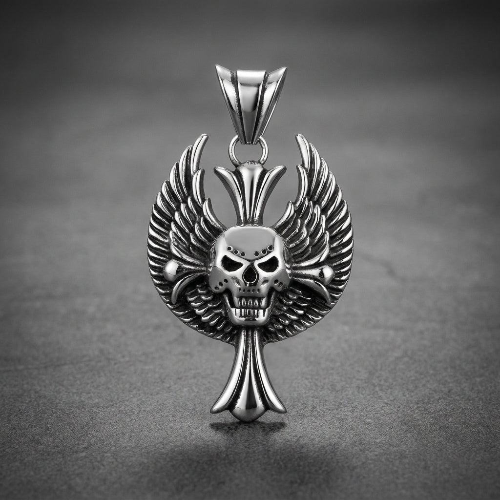 Heavy-duty 316L stainless steel winged skull pendant in polished silver finish, detailed feather texture.