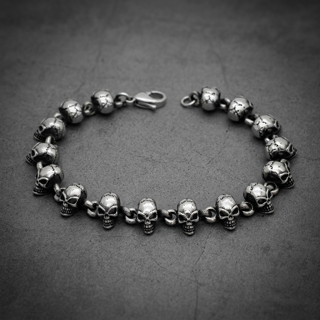 Heavy 316L stainless steel bracelet featuring twenty grim skull links with dark oxidized detailing, connecting with a sturdy lobster clasp.