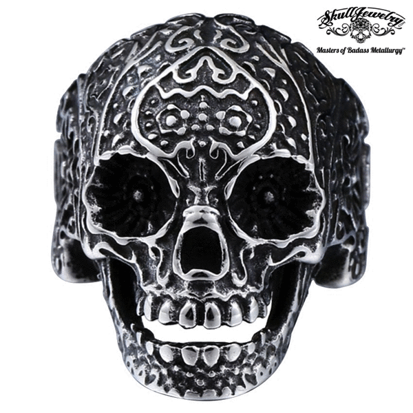 vintage flower eyes skull ring