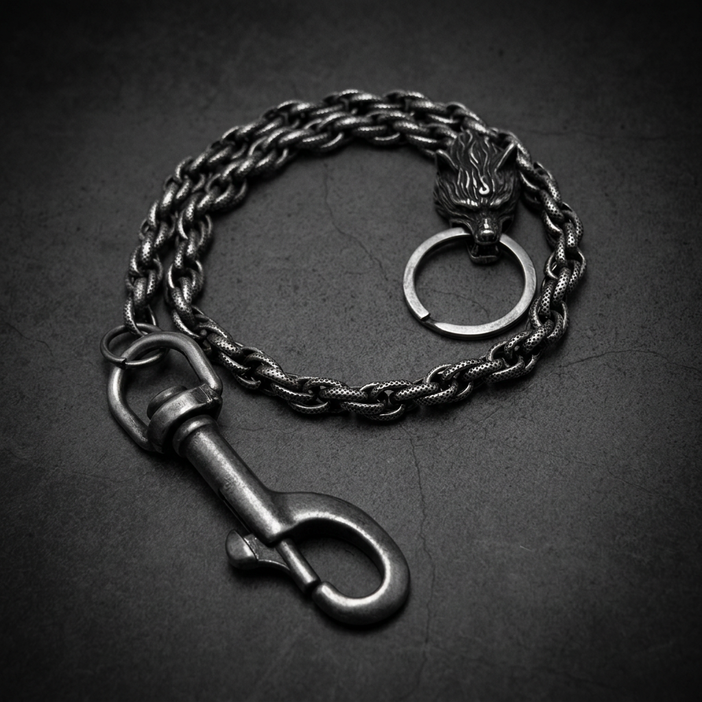 Savage Wolf Wallet Chain 28 inch made of oxidized 316L stainless steel, featuring a prominent wolf head design and heavy-duty links