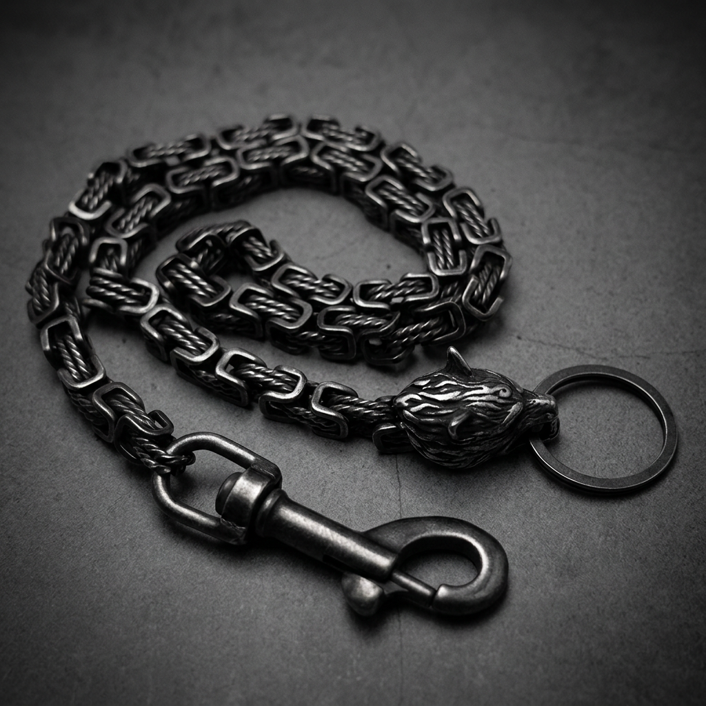 A heavy, gun metal gray 316L surgical stainless steel wallet chain featuring a wolf head motif and bold, detailed links with a secure clasp.