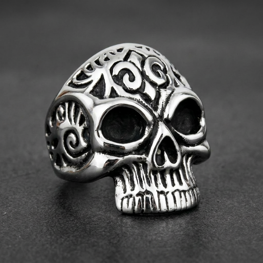 Fearless - Skull Ring, 316L stainless steel mens skull ring for bikers